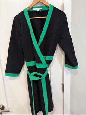 Diane von Furstenberg Black Wrap Dress with Green Trim, size 12
